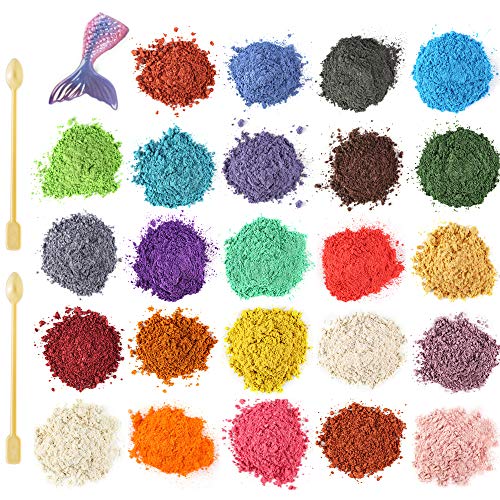 Funxim Pigmentos en Polvo 24pcs × 10g con Cuchara, Pigmentos para Resina Epoxi, Natural Mica Tintes para DIY Slime, Jabon, Pintauñas, Sombra de Ojos, Cera