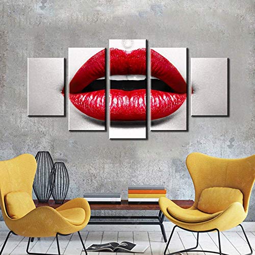 FYZKAY Cuadro en Lienzo 5 Partes Labios Sexy Rojos Impresiones de Lienzo Carteles de Moda de Mujer Hermosa Imagen Impresa en Lienzo Decoración Moderna de la Pared del hogar Sin Marco