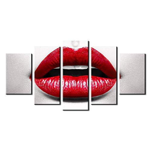FYZKAY Cuadro en Lienzo 5 Partes Labios Sexy Rojos Impresiones de Lienzo Carteles de Moda de Mujer Hermosa Imagen Impresa en Lienzo Decoración Moderna de la Pared del hogar Sin Marco