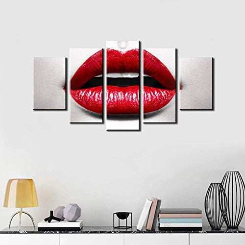 FYZKAY Cuadro en Lienzo 5 Partes Labios Sexy Rojos Impresiones de Lienzo Carteles de Moda de Mujer Hermosa Imagen Impresa en Lienzo Decoración Moderna de la Pared del hogar Sin Marco