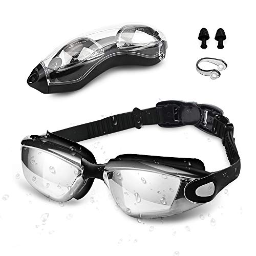 Gafas de Natación , otumixx Antiniebla Protección UV Sin Fugas Gafas para Nadar para Hombres Mujeres Adultos Niños Gafas Natación con Clip de Nariz Enchufe de Oído, Negro