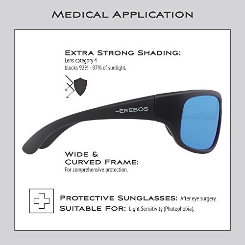Gafas de sol polarizadas EREBOS | Cat. 4 especialmente oscuras | Protección UV 400 | Para sol extremo: montaña y mar | En caso de fotofobia | Deportivo | 24 g (Negras | Espejado azul | Tinte marrón)