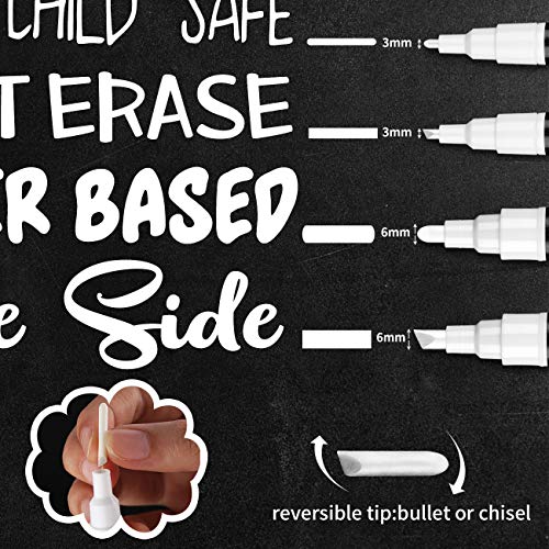 GAINWELL Marcadores de tiza líquida blanca Puntas de 3 y 6 mm - Para pizarra, pizarra blanca, Vidrio - Paquete de 4 - Lapicero borrador a base de agua