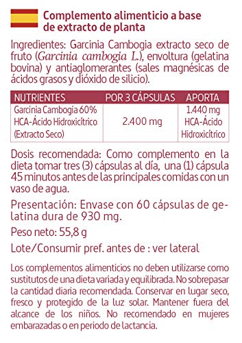 Garcinia cambogia 800 mg Extracto seco 60% HCA 60 cápsulas