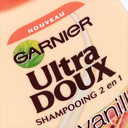 Garnier Champú Ultra Doux 2 en 1 para pelo largo y puntas frágiles, leche de vainilla y pulpa de papaya, 250 ml, lote de 3