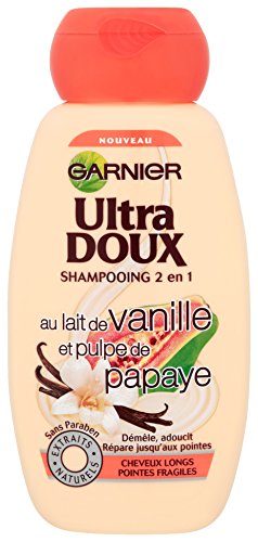 Garnier Champú Ultra Doux 2 en 1 para pelo largo y puntas frágiles, leche de vainilla y pulpa de papaya, 250 ml, lote de 3