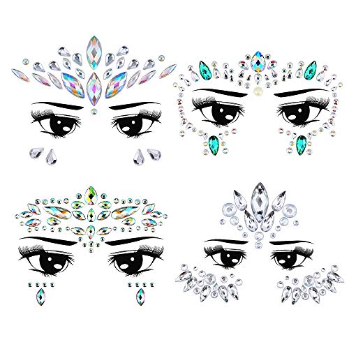 Gemas faciales de diamantes de imitación, pegatinas temporales de tatuaje de cara de Jane Choi, pegatinas de piedras preciosas para maquillaje y cosplay, 4 piezasMúsica Festival Fiesta Maquillaje