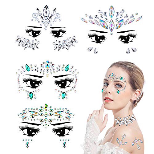 Gemas faciales de diamantes de imitación, pegatinas temporales de tatuaje de cara de Jane Choi, pegatinas de piedras preciosas para maquillaje y cosplay, 4 piezasMúsica Festival Fiesta Maquillaje