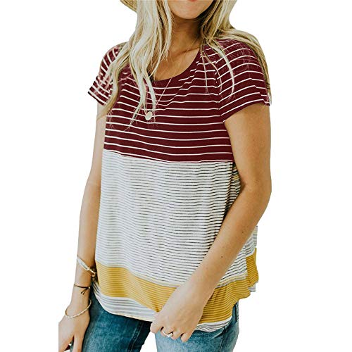 Generice - Camiseta de manga corta para mujer, cuello redondo, manga corta, con costuras a rayas, color en contraste Rojo rosso XL