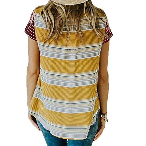 Generice - Camiseta de manga corta para mujer, cuello redondo, manga corta, con costuras a rayas, color en contraste Rojo rosso XL