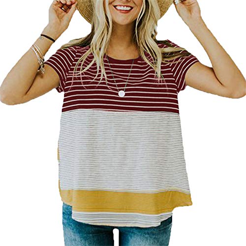 Generice - Camiseta de manga corta para mujer, cuello redondo, manga corta, con costuras a rayas, color en contraste Rojo rosso XL