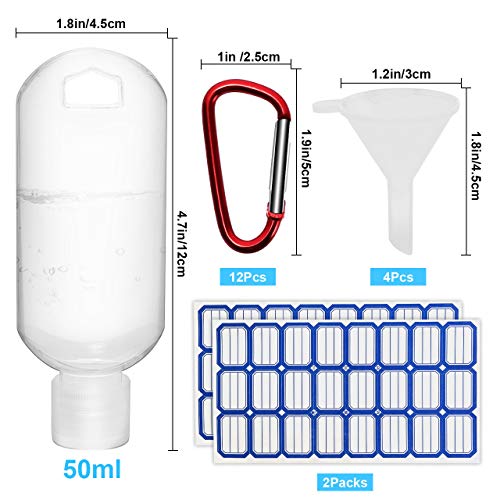 Gifort 12 Piezas Botellas de Viaje 50ml, Botellas de Plástico Portátil Recargables Contenedores de Viaje Vacías con Llavero, Embudos y Etiquetas para Desinfectante, Líquidos, Cosmético