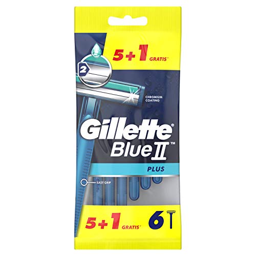 Gillette BlueII Plus Maquinillas desechables para hombre, dos hojas de afeitar, cabezal fijo, banda lubricante - Pack de 5+1