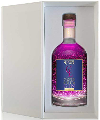 Gin Violet con Oro 23k - Premium Liqueur - Moras y Frutos del Bosque - Gin Tonic Para Regalar - 15 Botánicos 5 Destilaciones - Set con Caja Estuche de Regalo y Certificado del Oro - 40% vol