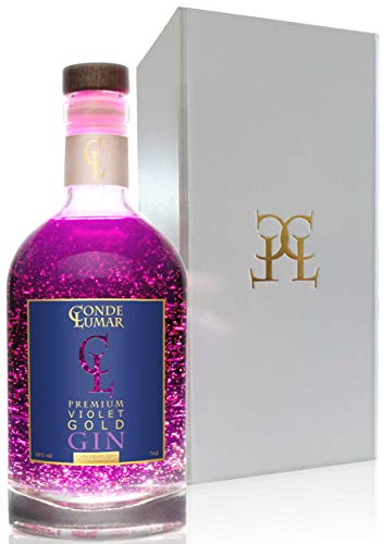 Gin Violet con Oro 23k - Premium Liqueur - Moras y Frutos del Bosque - Gin Tonic Para Regalar - 15 Botánicos 5 Destilaciones - Set con Caja Estuche de Regalo y Certificado del Oro - 40% vol