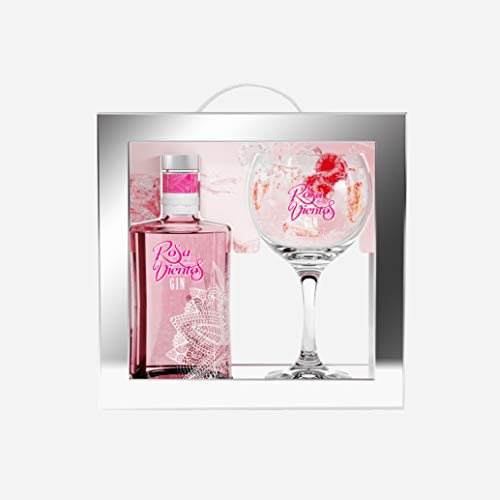 Ginebra Rosa de Los Vientos. Fresas, Frambuesas y Bayas de Enebro. Botella de 70 Cl. Volumen de Alcohol 37,5º (Botella + Copa)