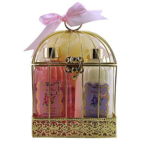 Gloss! - Bain - una Jaula con todos los productos de ducha para las mujeres - jaula de metal que incluye una loción para el cuerpo - Colección Rosa Blanca - Rose, jazmín y magnolia
