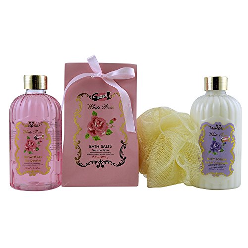 Gloss! - Bain - una Jaula con todos los productos de ducha para las mujeres - jaula de metal que incluye una loción para el cuerpo - Colección Rosa Blanca - Rose, jazmín y magnolia