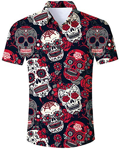 Goodstoworld Camisa Flores Hombre Halloween Casual Manga Corta Ajuste Regular para Hombre Hombre botón de Camisa Calabaza de impresión hacia Abajo Floral