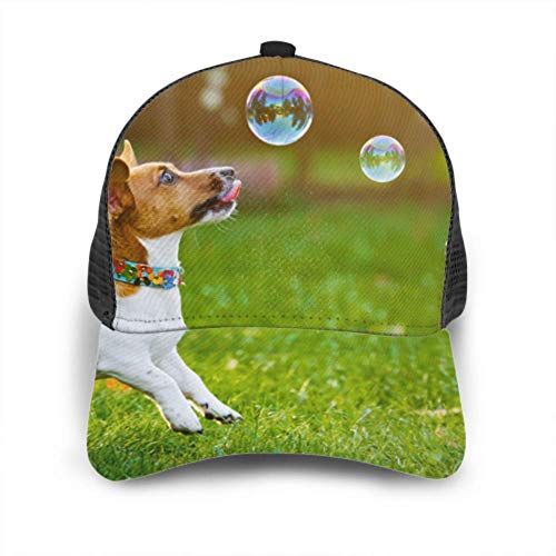 Gorra de béisbol Hombres Mujeres, Cachorro Jack Russell Jugando Burbujas de jabón Ajustable Trucker Mesh Summer Vented Baseball Sun Cap Sombrero Sombreros para Hombres