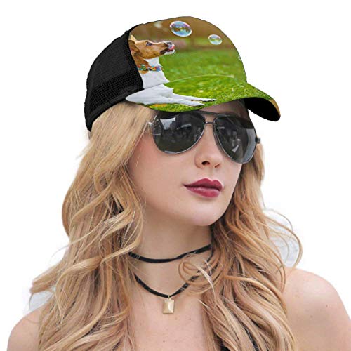 Gorra de béisbol Hombres Mujeres, Cachorro Jack Russell Jugando Burbujas de jabón Ajustable Trucker Mesh Summer Vented Baseball Sun Cap Sombrero Sombreros para Hombres