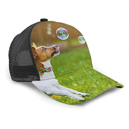 Gorra de béisbol Hombres Mujeres, Cachorro Jack Russell Jugando Burbujas de jabón Ajustable Trucker Mesh Summer Vented Baseball Sun Cap Sombrero Sombreros para Hombres