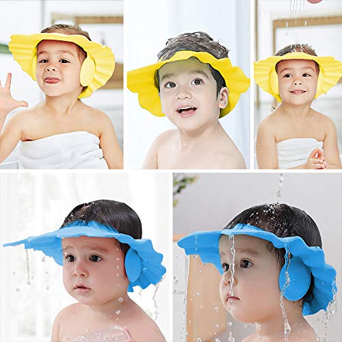 Gorro de Ducha para Bebé, ZoneYan 3pcs Gorro de Baño para Bebés, Visera Baño Bebe, Champú Ajustable para Bebé, Visera Baño Orejeras Bebe, Evite que el Agua Fluya a Ojos y de la Cara(Amarillo Azul)