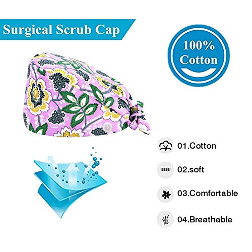 Gorro Quirúrgico con Estampado de Flores Hebilla Corbata Gorro de Trabajo Ajustable de Algodón Reutilizable para Quirófano Sombreros para Ropa de Trabajo Cubierta de Pelo para Mujeres y Hombres
