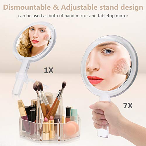 Gotofine Dos Lados Espejo de Mano para Maquillaje con Ampliación 1X y 7X con soporte - Claro y Transparente, calidad Premium (7x)