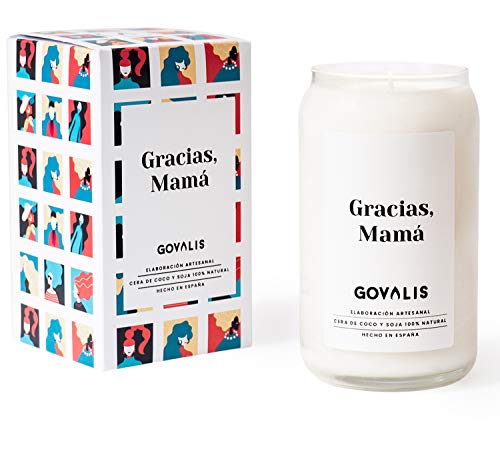 GOVALIS Vela Gracias, Mamá | Perfumadas y Aromáticas | Cera de Soja & Coco 100% Natural – Vela Día de la Madre Recuerdos Decorativas Yoga Cumpleaños Regalos Originales – 70-90 h – 390 g