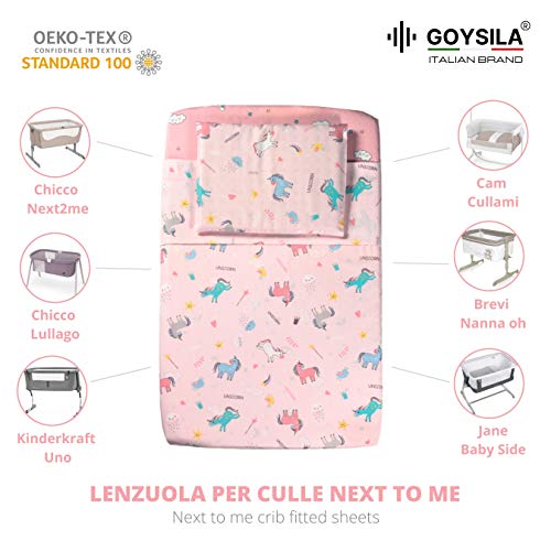 GOYSILA Sabanas Next2Me Chicco 4Piezas 100% Algodon Certificado Oeko-Tex Colchón 50x83cm 2 Sabana Bajera 1 Sabana Encimera 1 Funda de Almohada.Compatible Cuna Next to Me Lullago Kinderkraft Next 2 me