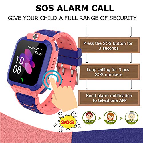 GPS Niños Impermeable Smartwatch, Reloj Inteligente Smart Watch Telefono con GPS Rastreador Conversación Bidireccional Llamada por Voz Chat SOS Cámara Despertador Juego para Niños Niña 3-12 Años,Rosa