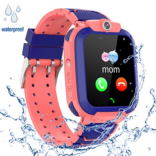 GPS Niños Impermeable Smartwatch, Reloj Inteligente Smart Watch Telefono con GPS Rastreador Conversación Bidireccional Llamada por Voz Chat SOS Cámara Despertador Juego para Niños Niña 3-12 Años,Rosa