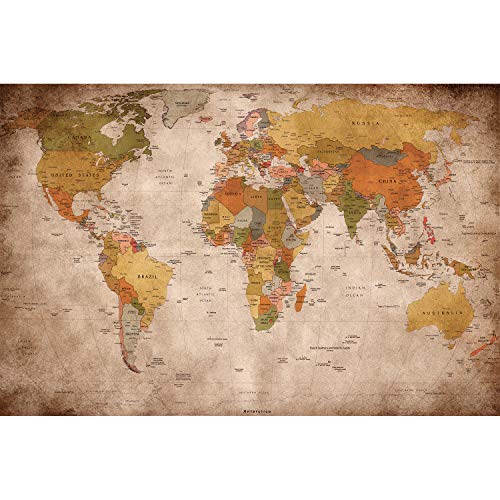 GREAT ART Mural De Pared – Viejo Mapa del Mundo – Mirada Usada Globo Continentes Atlas Retro Vieja Escuela Vintage Terráqueo Geografía Foto Papel Tapiz Y Decoración (210 X 140 Cm)