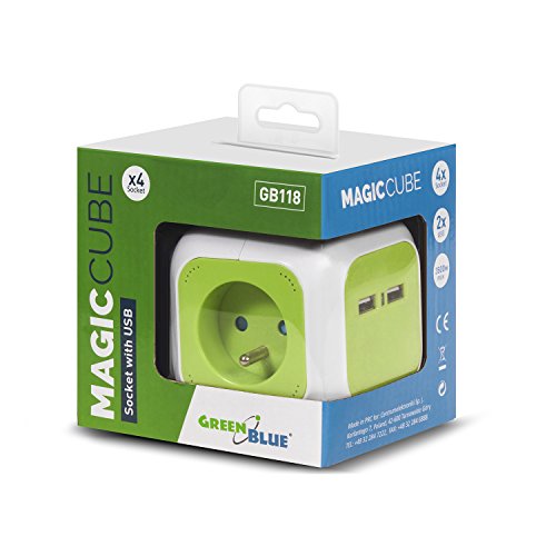 Green Blue Ladrón MagicCube con 4 enchufes y 2 puertos USB, enchufes con puesta a tierra tipo E francés