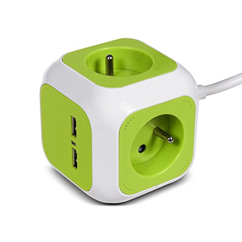 Green Blue Ladrón MagicCube con 4 enchufes y 2 puertos USB, enchufes con puesta a tierra tipo E francés