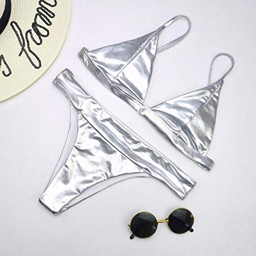 GREQ Bañador Halter para Mujer Nuovo Bikini abbronzante Costume da bagno Bikini Tinta Unita Femmina-Argento_XL