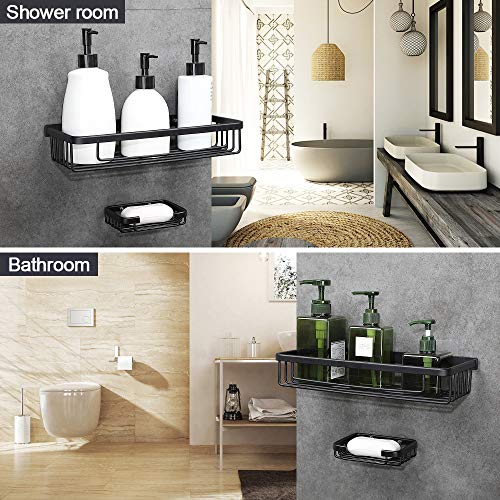 Gricol Estante de Ducha Sin Taladrar en Aluminio Aeronautico Rectangular Estanteria Baño Autoadhesivas Antioxidantes con Jabonera Organizador de Esponja para Baño Cocina (Negro)