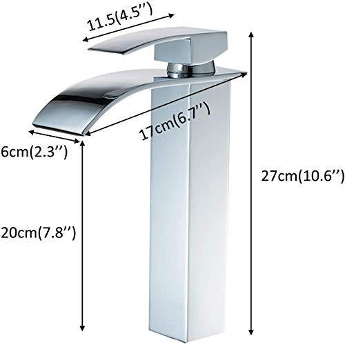 Grifo Alto de Lavabo Baño,Grifo Cascada Monomando para Cuadrado Fregadero Cocina Mezclador, Válvula De Cerámica, Agua Fria y Caliente Disponible, Cromo-plateada Estilo de Modern