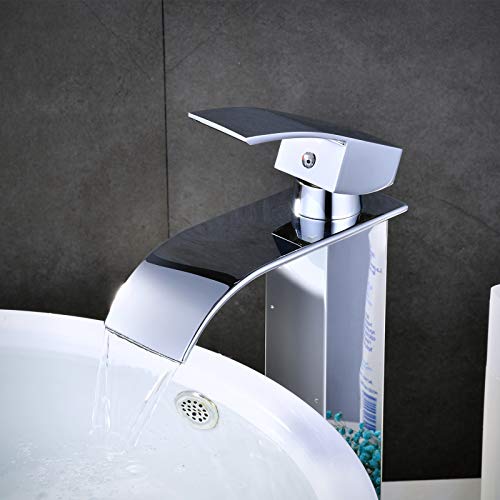 Grifo Alto de Lavabo Baño,Grifo Cascada Monomando para Cuadrado Fregadero Cocina Mezclador, Válvula De Cerámica, Agua Fria y Caliente Disponible, Cromo-plateada Estilo de Modern