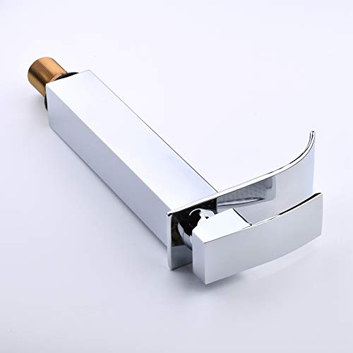 Grifo Alto de Lavabo Baño,Grifo Cascada Monomando para Cuadrado Fregadero Cocina Mezclador, Válvula De Cerámica, Agua Fria y Caliente Disponible, Cromo-plateada Estilo de Modern