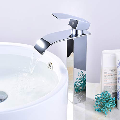 Grifo Alto de Lavabo Baño,Grifo Cascada Monomando para Cuadrado Fregadero Cocina Mezclador, Válvula De Cerámica, Agua Fria y Caliente Disponible, Cromo-plateada Estilo de Modern