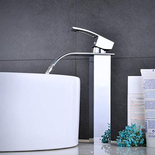 Grifo Alto de Lavabo Baño,Grifo Cascada Monomando para Cuadrado Fregadero Cocina Mezclador, Válvula De Cerámica, Agua Fria y Caliente Disponible, Cromo-plateada Estilo de Modern
