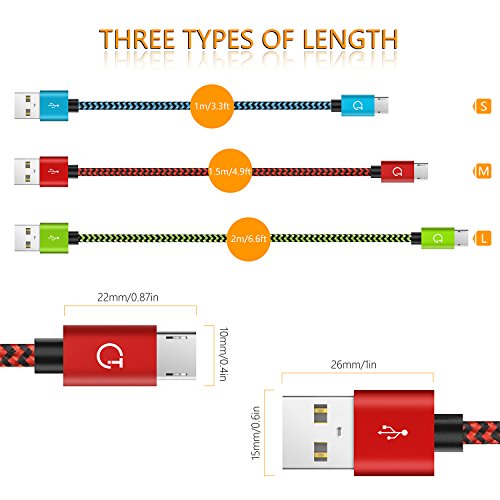 Gritin Cable Micro USB, 3-Pack [1M, 1.5M, 2M] 2.4A Micro USB Cable - Cable de sincronización Micro USB Trenzado de Nylon para Galaxy, Nexus, Kindle, HTC, LG, Sony, PS4 y más (Verde,Rojo,Azul)