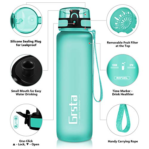 Grsta Botella Agua - Botella de Agua Deportes 800ml Botella Deportiva Tritan de Plástico Sin BPA con Filtro & Marcador de Tiempo para Niños y Adultos, Hogar y Exterior