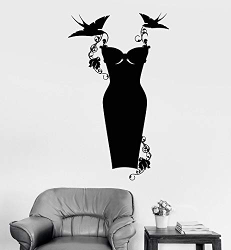 guijiumai Creative Birds Flowers Vinyl Wall Decal Vestido Negro Tienda Ropa de Moda Shopping Wall Window Stickers Calcomanías de Arte extraíbles75X124CM