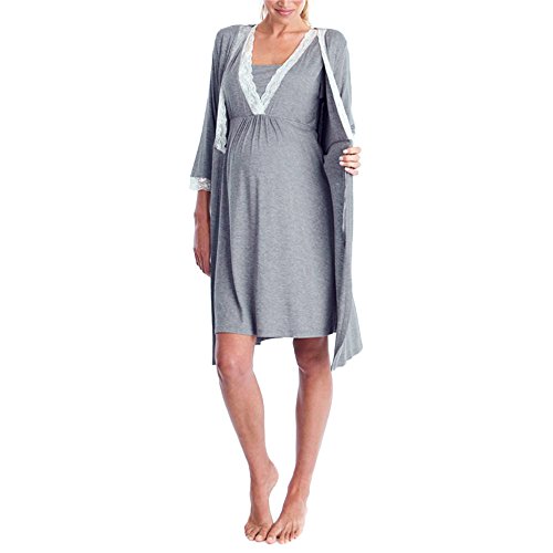 Gusspower Vestido de Lactancia Maternidad de Noche Camisón Mujeres Embarazadas Ropa de Dormir Premamá Pijama Verano Encaje (Gris Oscuro, M)