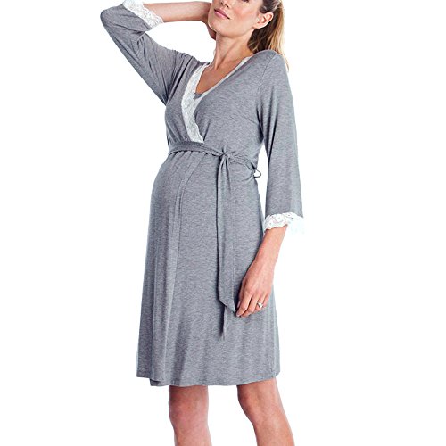 Gusspower Vestido de Lactancia Maternidad de Noche Camisón Mujeres Embarazadas Ropa de Dormir Premamá Pijama Verano Encaje (Gris Oscuro, M)