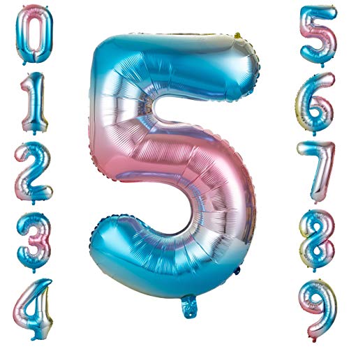 GWHOLE Globos Número 5, Globo Multicolor Mezclado de Azul Amarillo Rosa Globo Grande de Aluminio 1 2 3 4 5 6 7 8 9, Globos para Fiestas de Cumpleaños, Aniversario