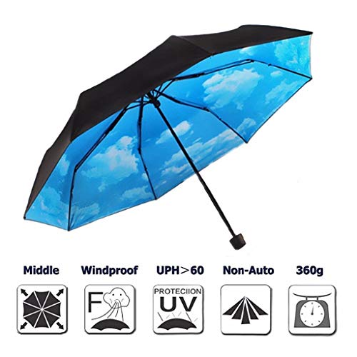 GYB Paraguas Promoción Cielo Azul Y Nubes Blancas Anti-Sombra UV Plástico Negro Cielo Lluvioso Tres Veces Mujer Pequeño Fresco Soleado Paraguas Automático